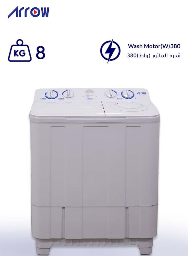 Arrow 8 KG Twin Tub Semi-Automatic Washing Machine, 5 KG Dehydration Capacity,Durable Plastic Build, 380W Motor Power, Lightweight for Easy Mobility, User-Friendly Operation, 2 Years warranty - Image 1